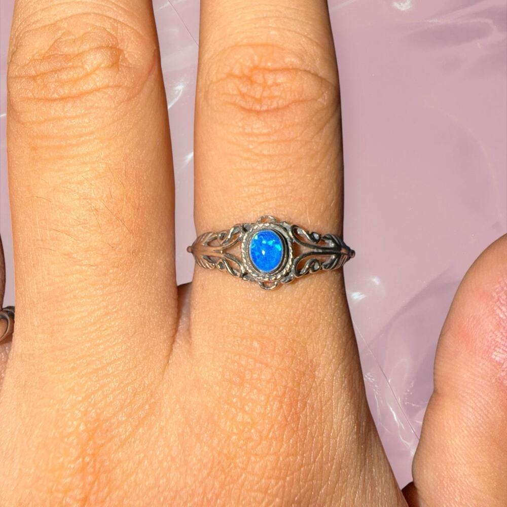 Y2K fairy romantic 925 Sterling Silver blue opal ring with filigree boho Size 8